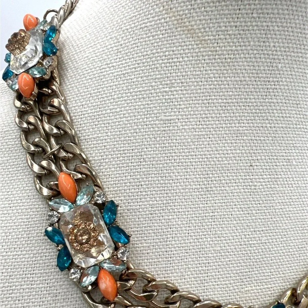 Double Chain Chunky‎ Rhinestones Necklace Orange Teal Gold Tone Biker Babe Funky